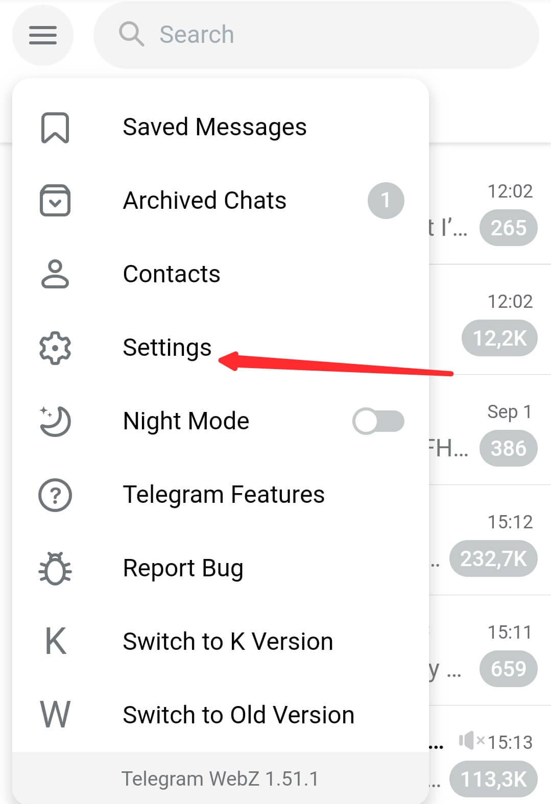 settings on telegram